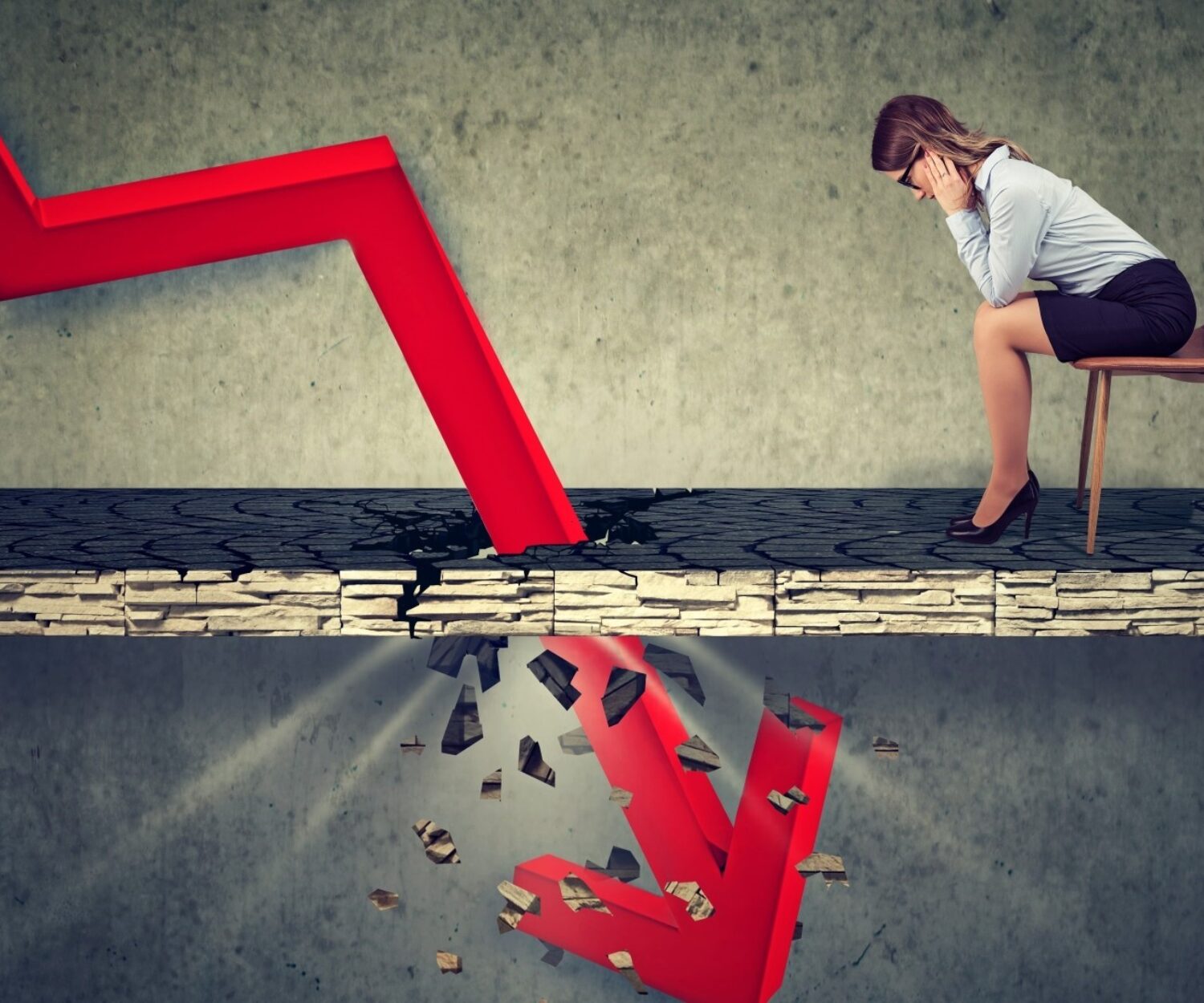 Woman looks down at red arrow that breaks through impaired floor
